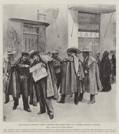 La crise hispano-américaine, lecture des dernières nouvelles à un coin de rue à Séville - Amedee Forestier